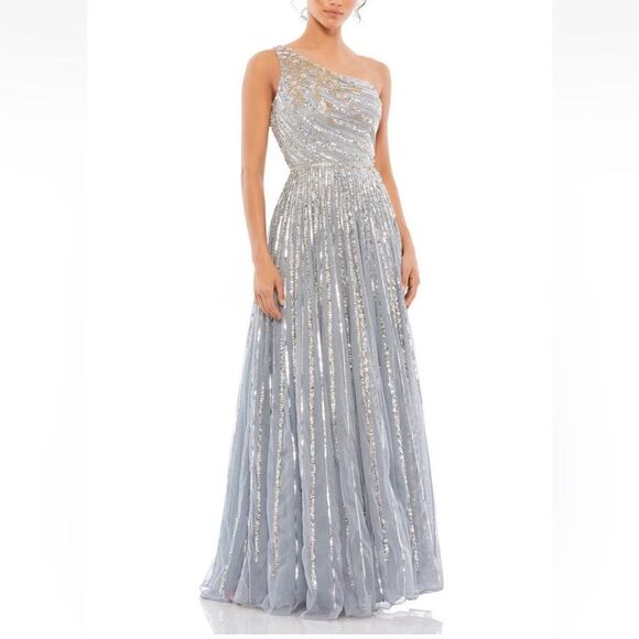 Mac Duggal 5220 Silver Sequin one shoulder gray embellished Gown wedding prom 4 - Picture 1 of 14